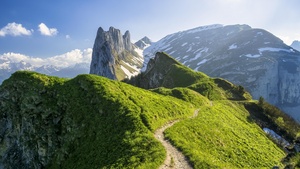 Switzerland, Mountain range, Glacier mountains, Snow covered, Hiking trail, Landscape, Scenery, Daytime, 4K wallpaper