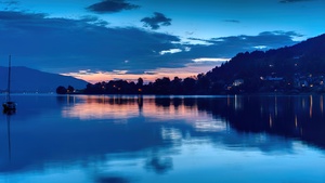 Bavarian Alps, Germany, Sunset, Silhouette, Reflections, Blue, Body of Water, Clam, Aesthetic, 4K wallpaper