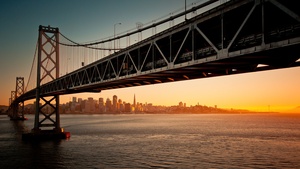 San Francisco-Oakland Bay Bridge, Downtown, San Francisco, Sunset, Seascape, 4K wallpaper
