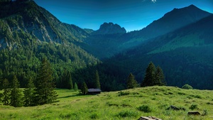 Bavarian Alps, Mountains, Sunny day, Landscape, Countryside, House, Blue Sky, Scenery, Germany, Summer, 4K wallpaper