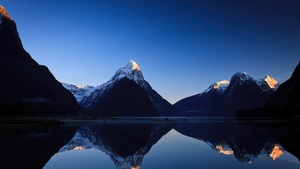 Morning, Sunrise, Blue Sky, Mountains, Reflections, Milford Sound, New Zealand, Body of Water, Lake, 4K wallpaper