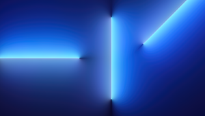 iPhone 13 Pro, iOS 15, Stock, Blue background, Neon Lights, Glowing lights, iPhone 13 Pro Max, Aesthetic, 4K wallpaper