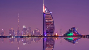 Burj Al Arab, Luxury Hotel, Cityscape, Low Angle Photography, Night lights, Waterfront, Reflection, Purple sky, Skyscrapers, 4K wallpaper