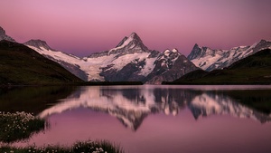 Switzerland, Swiss Alps, Pink sky, Snow covered, Mountain View, Reflection, Sunset, Dusk, 4K wallpaper