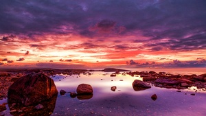 Seashore, Rocky coast, Cloudy Sky, Dusk, Horizon, Ocean, Landscape, Scenery, 4K wallpaper