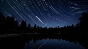 Star Trails, Night sky, Waterfront, Reflection, Astronomy, Outer space, 4K wallpaper