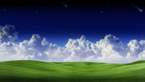 Falling stars, Landscape, Clouds, Green Grass, Starry sky, Blue Sky, Scenery, Summer, Scenic, Panorama, Shooting stars, 4K wallpaper