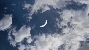 Crescent Moon, Half moon, Clouds, Blue Sky, Cosmos, Stars, 4K wallpaper