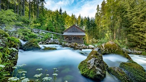 Gollinger Mill, Panoramic, Austria, Flowing Water, Famous Place, Forest, Greenery, Landscape, Green Moss, Ultrawide, 4K wallpaper