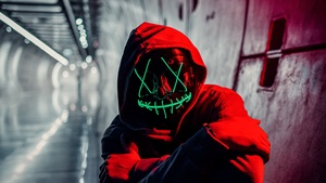 Neon Mask, Red Hoodie, Tunnel, Portrait, Face Mask, Anonymous, 4K wallpaper