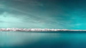 Infrared vision, Panorama, Surreal, Body of Water, Coast, Blue background, Ultrawide, 4K wallpaper