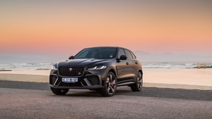 Jaguar F-Pace SVR, Luxury SUV, 2021, Beach, 2021, Sunset, 4K wallpaper