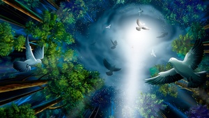 Midnight, Forest, Pigeons, Light, Illustration, Paint, 4K wallpaper