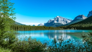 Bow Lake, Canada, Snow covered, Mountains, Blue Sky, Reflection, Landscape, Scenery, Beautiful, 4K wallpaper