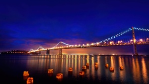 San Francisco-Oakland Bay Bridge, Night, Reflections, Blue hour, Cold, Lights, Bay Bridge, California, 4K wallpaper