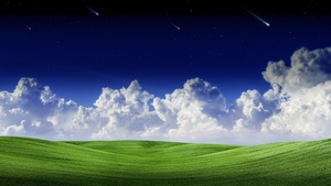 Landscape, Clouds, Falling stars, Blue Sky, Scenery, Green Grass, Starry sky, Summer, Scenic, Panorama, Shooting stars, 4K wallpaper