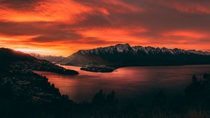 Queenstown, Landscape, New Zealand, Mountain range, Snow covered, Early Morning, Orange sky, Sunrise, Body of Water, Scenery, 4K wallpaper