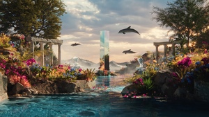 Surreal, Paradise, Dolphins, Mystical, Monolith, Ancient, Dreamlike, Scenic, Ethereal, Magical, Floral, Reflections, 4K wallpaper