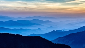 Silhouette Mountain, Foggy, Aerial view, Panoramic, Mountain range, Landscape, Sunset, 4K wallpaper
