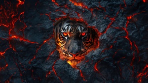 Fire, Tiger face, Lava, Closeup, Dark aesthetic, 4K wallpaper