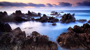 Rocky shore, Seascape, Ocean, Fog, Long exposure, Portugal, Rocks, 4K wallpaper