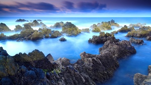 Rocky shore, Porto Moniz, Aesthetic, Fog, Long exposure, Blue, Rocks, Portugal, Landscape, Seascape, 4K wallpaper