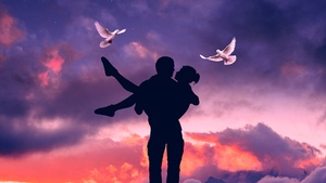 Couple, Silhouette, Romantic, Surreal, Sunset, Moon, Love Birds, Lifting, 4K wallpaper