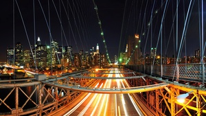 New York City, Brooklyn Bridge, Skyline, Night City, City lights, Cityscape, Traffic, Bridge, Illuminated, Rush, 4K wallpaper