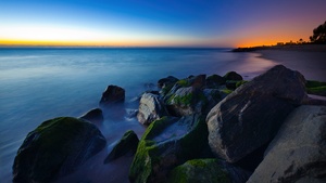 Tropical beach, Sunrise, Dawn, Early Morning, Rocks, Seascape, Ocean, Florida, 4K wallpaper