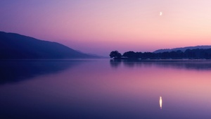 Lake, Sunset, Evening, Twilight, Dusk, Purple sky, Reflection, Landscape, Crescent Moon, 4K wallpaper