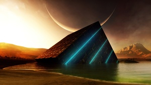 Cube, Beach, Surreal, Sunset, Moon, Futuristic, Digital render, 3D, 4K wallpaper