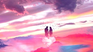 Couple, Surreal, Lovers, Above clouds, Dream, Romantic, Together, Pink, 4K wallpaper
