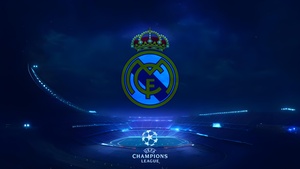 Real Madrid CF, UEFA Champions League, Logo, Football club, Stadium, Blue background, 4K wallpaper