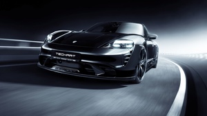 TechArt Porsche Taycan Aerokit, Carbon Fiber, Black cars, Dark background, 2021, 4K wallpaper