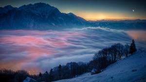 Above clouds, Scenic, Mountains, Peak, Sunrise, Moon, Winter, Cold, 4K wallpaper