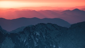Mountain range, Scenery, Sunset, Dusk, Landscape, 4K wallpaper