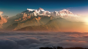 Glacier mountains, Clouds, Sun light, Alpenglow, Mountain range, Summit, 4K wallpaper