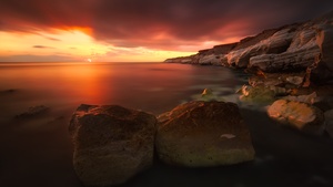 Rocky coast, Sunset, Seascape, Body of Water, Cliff, Long exposure, Horizon, Orange sky, 4K wallpaper