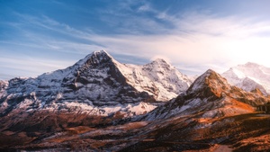 Glacier mountains, Snow covered, Sunset, Roadway, Mountain Peaks, Clear sky, Landscape, Scenery, 4K wallpaper