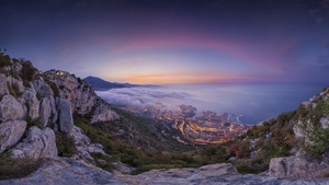 Monaco City, Aerial view, Sunrise, Foggy, Cityscape, City lights, Landscape, Purple sky, Long exposure, Mountains, 4K wallpaper