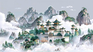 Temple, Clouds, Mountains, Asian, Surrealism, Fantasy artwork, Digital Art, AI art, 4K wallpaper