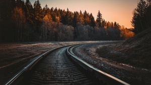 Railway track, Trees, Golden hour, Dusk, Curve, Outdoor, 4K wallpaper