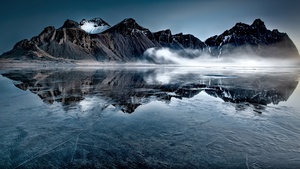 Vestrahorn, Iceland, Frozen lake, Mountain Peak, Mist, Winter, Reflection, Landscape, Scenery, Stokksnes, 4K wallpaper