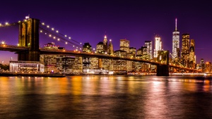 Brooklyn Bridge, Night time, New York City, Skyline, Cityscape, City lights, Waterfront, Reflection, Skyscrapers, Purple sky, Sunset, Long exposure, 4K wallpaper