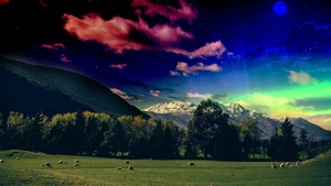 Green Meadow, Grass field, Glacier mountains, Snow covered, Mystical Sky, Stars, Moon, Digital composition, Landscape, Green Trees, 4K wallpaper
