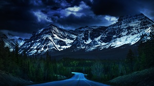 Icefields Parkway, Canadian Rockies, Dusk, Dark clouds, Stormy, Empty Road, Glacier mountains, Snow covered, Green Trees, Landscape, Scenery, 4K wallpaper