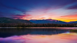 Sunset, Forest, Mountains, River, Body of Water, Reflection, Landscape, Scenery, Orange sky, 4K wallpaper