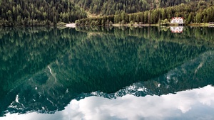 Scenic, Mountain lake, Reflection, House, Green Trees, Body of Water, Landscape, Scenery, 4K wallpaper
