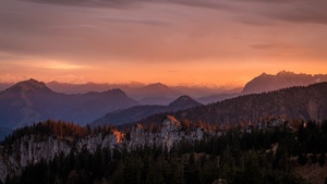 Alpenglow, Sunrise, Mountain range, Glacier mountains, Green Trees, Landscape, 4K wallpaper