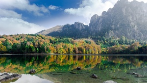 Austria, Mirror Lake, Reflection, Mountain, Autumn trees, Clear water, Landscape, Scenery, 4K wallpaper